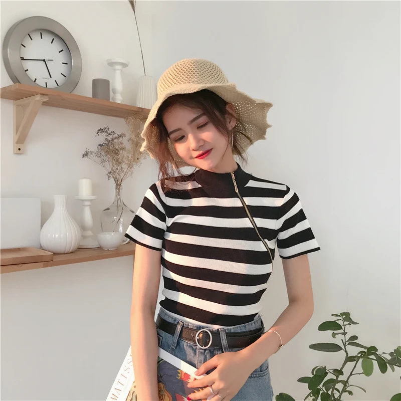 Chic CHIC Stand-up Collar Diagonal Zipper Slim Short Sleeve Knitted Bottom Shirt Top Female Color Striped T-shirt