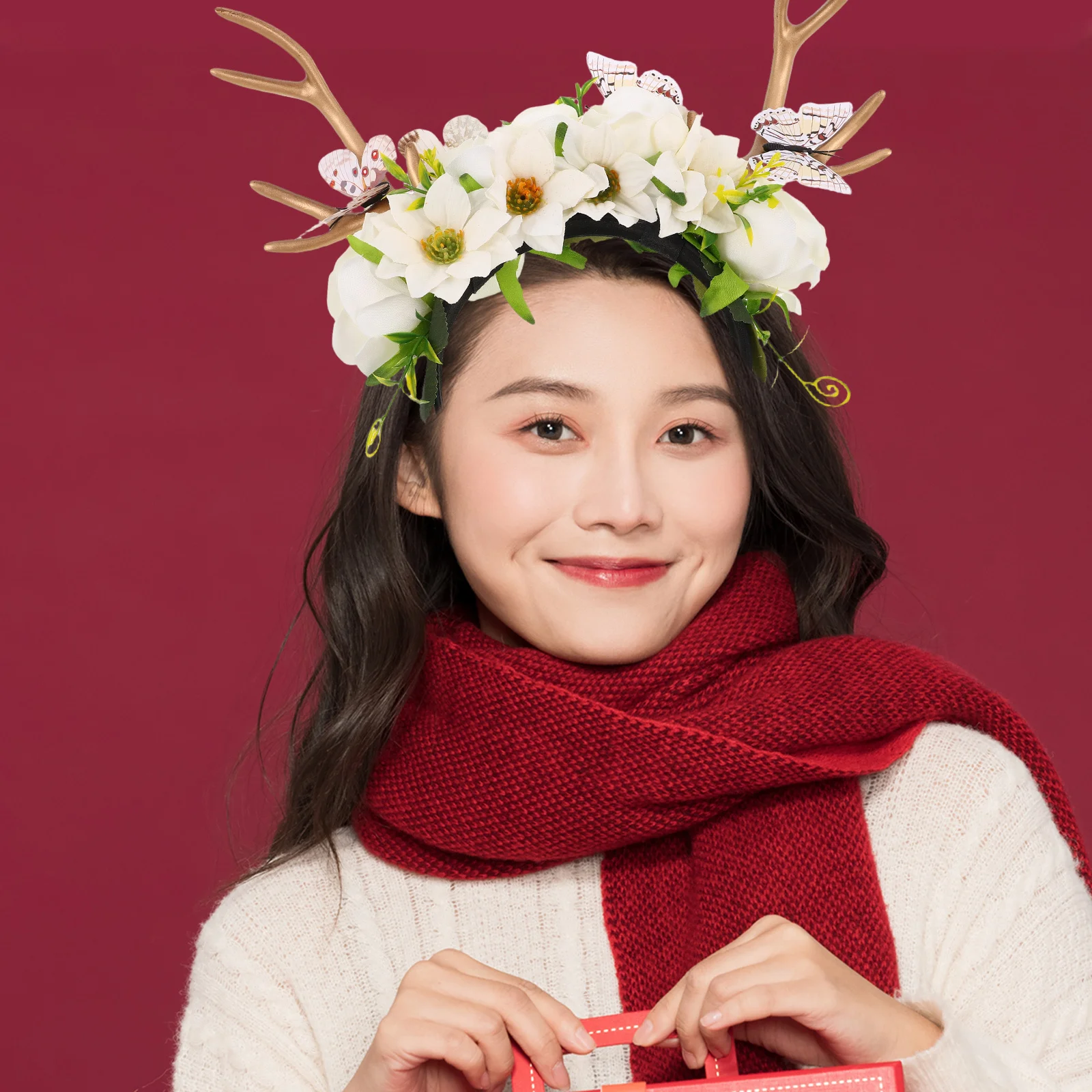 

Преувеличенная повязка на голову с рогами оленя, цветочная бабочка, праздничная вечеринка, аксессуар для костюма оленя, обруч для волос с рогами для косплея