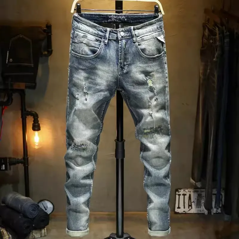 

Designer Fashionable Retro Men's Jeans Retro Water Washed Elastic Slim Fit Piercing Jeans Men's Embroidered Splicing Hip Hop Cow