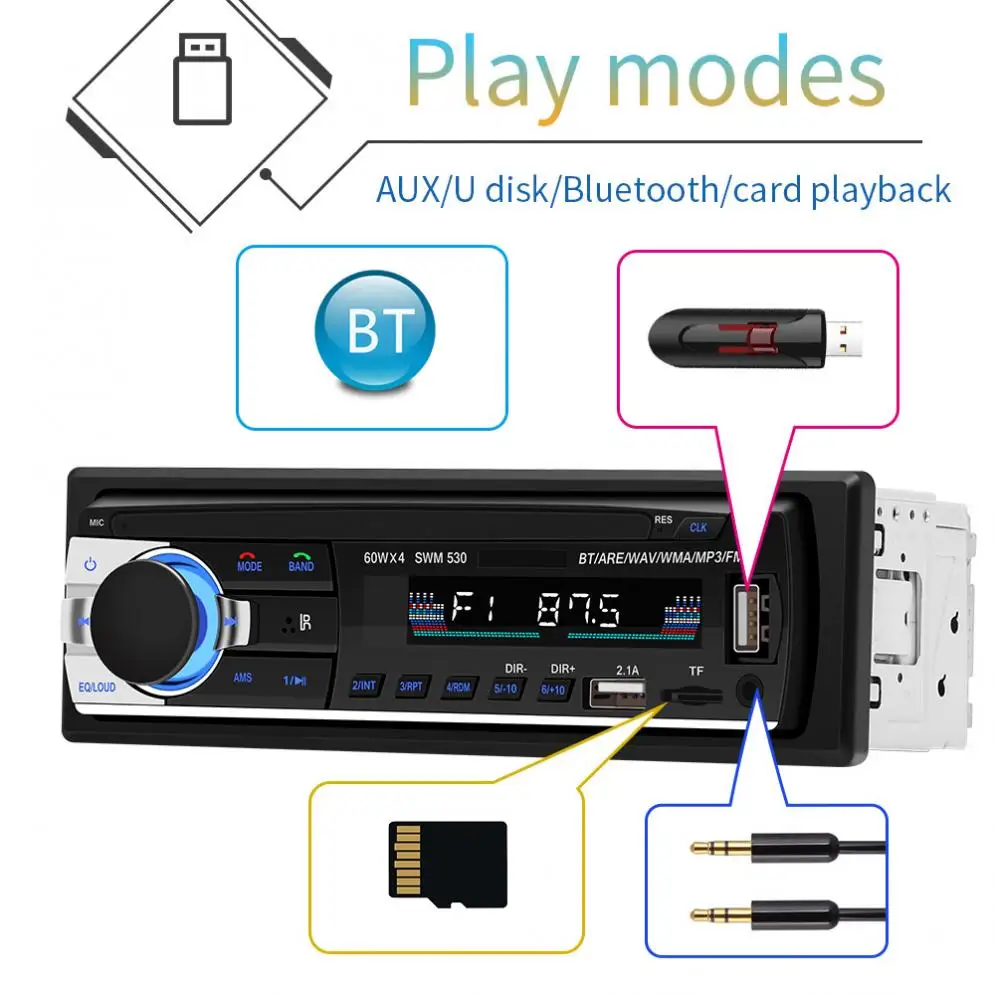مشغلات صوت السيارة 12 فولت 1 DIN داخل لوحة بلوتوث سيارة ستيريو راديو FM MP3 مشغل الصوت دعم مكالمات حر اليدين Aux المدخلات /
