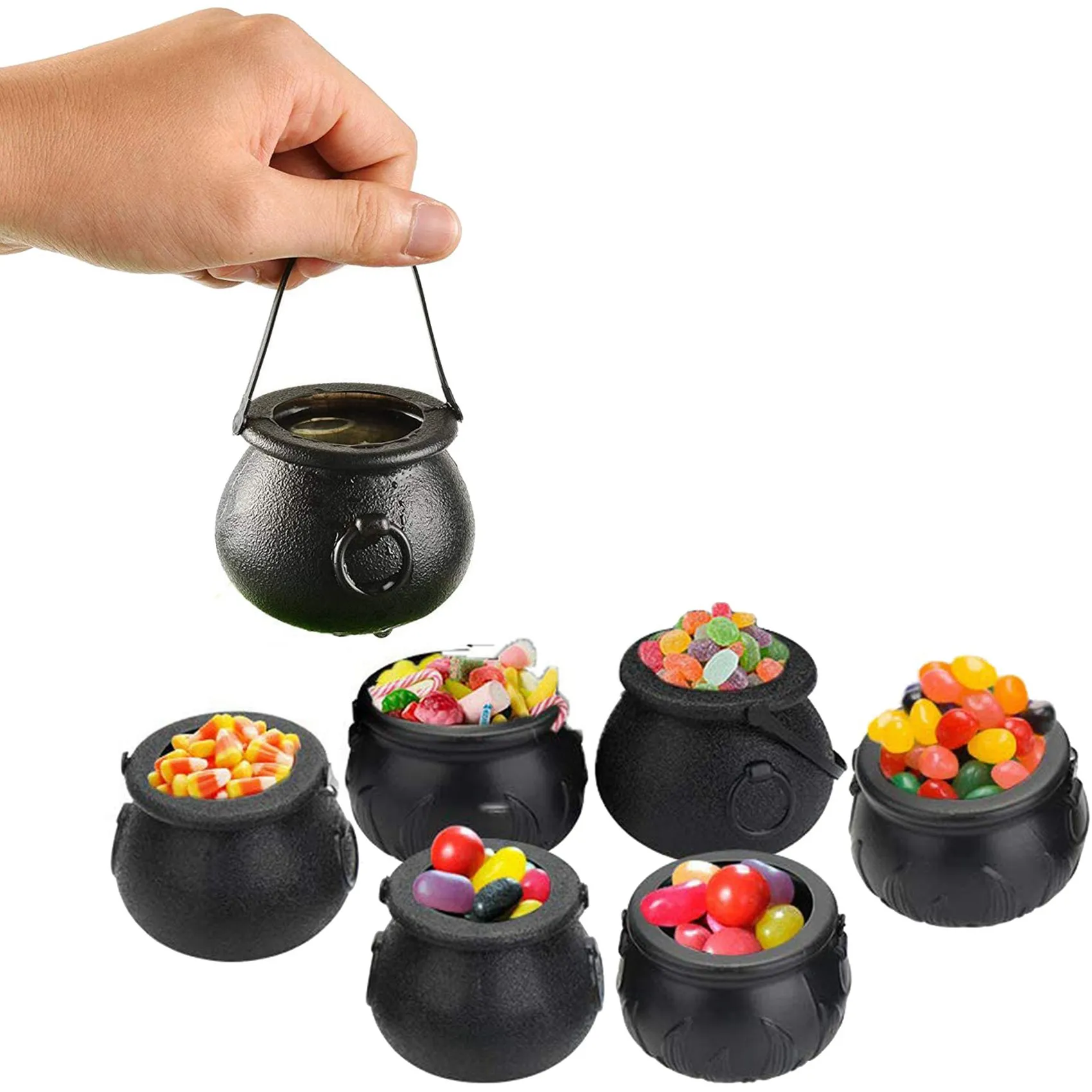 A74E-72 Pack Plastic Black Witch Candy Bowls Cauldrons,Pot With Handle ,For Halloween, Easter, St Patrick's Day Party Favors