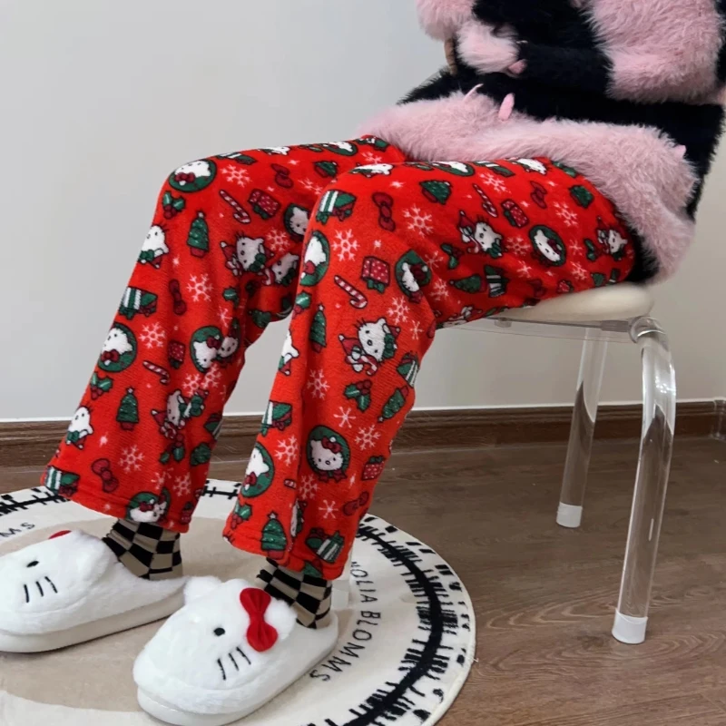 Sanrio Hello Kitty Pajamas Pants Black Pink Anime Flannel Women Warm Woolen White Christmas Loungewear Pant Autumn Gril Trousers