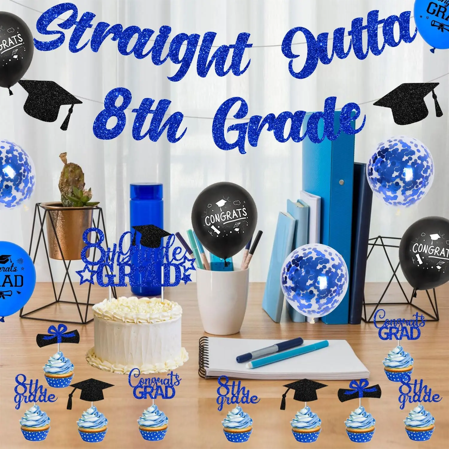 48Pcs Blue Black Graduation Decoration for 8th Grade Party Supplies with Balloon Golden Confetti , Glitter Banner Cake  2024