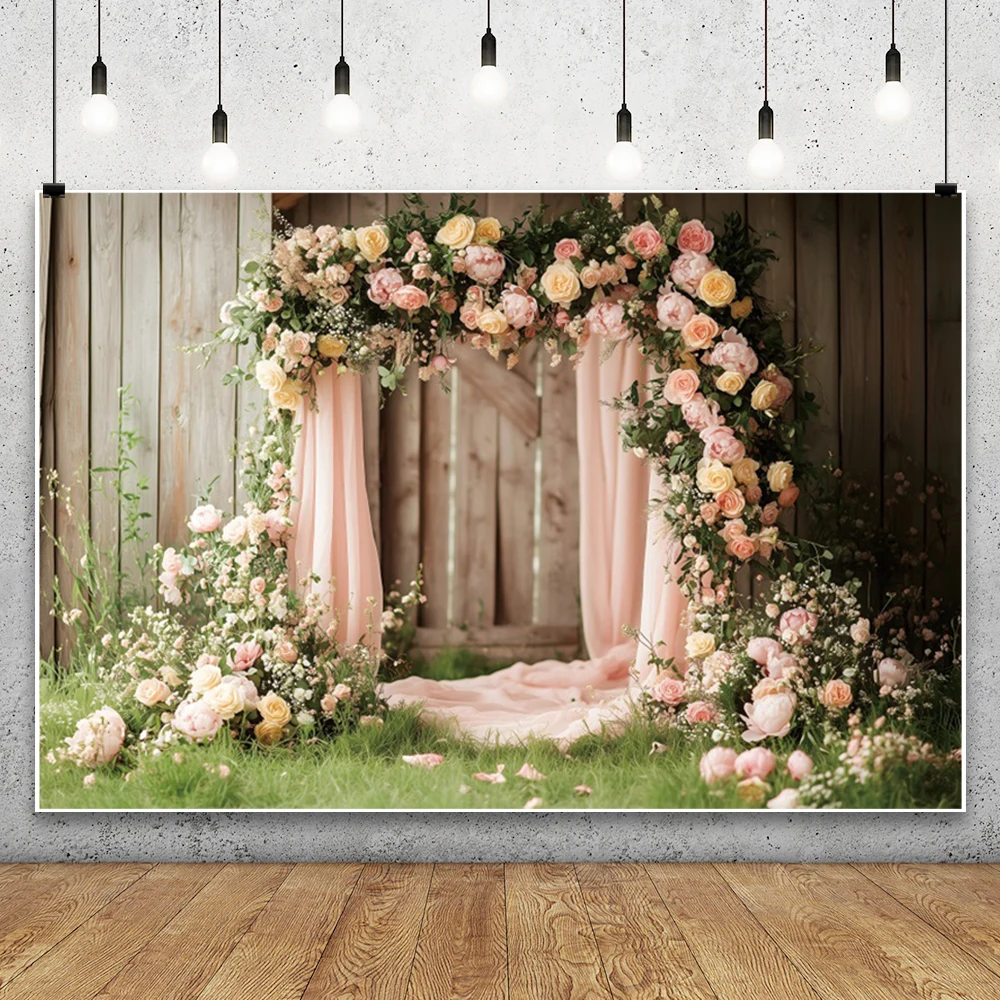 Toile de fond de mariage de fleurs de printemps, arc floral, porte verte, douche de mariée, décoration de fête de Pâques en plein air, fond de photographie