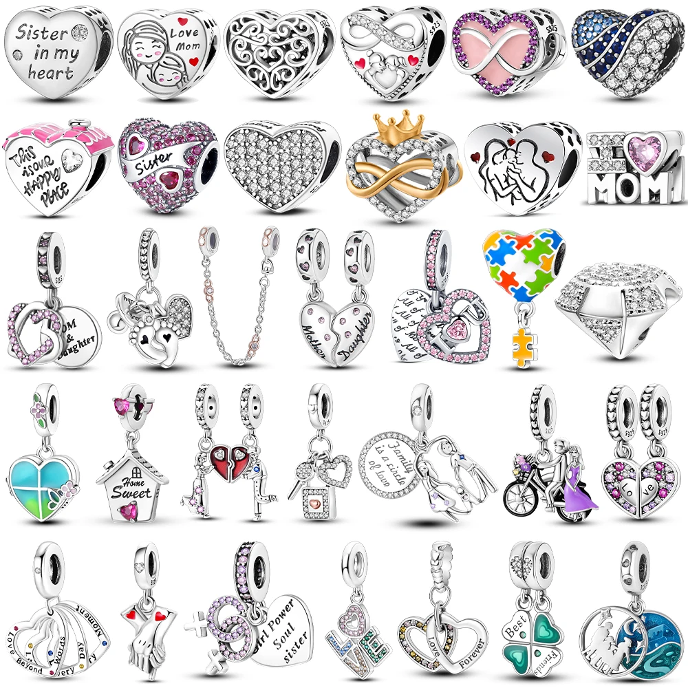 Pink Family Love Heart Charm Original 925 Silver Beads Fit Pan Bracelet Diy Sister Mother Friendship Pendant Fine Gift Jewelry
