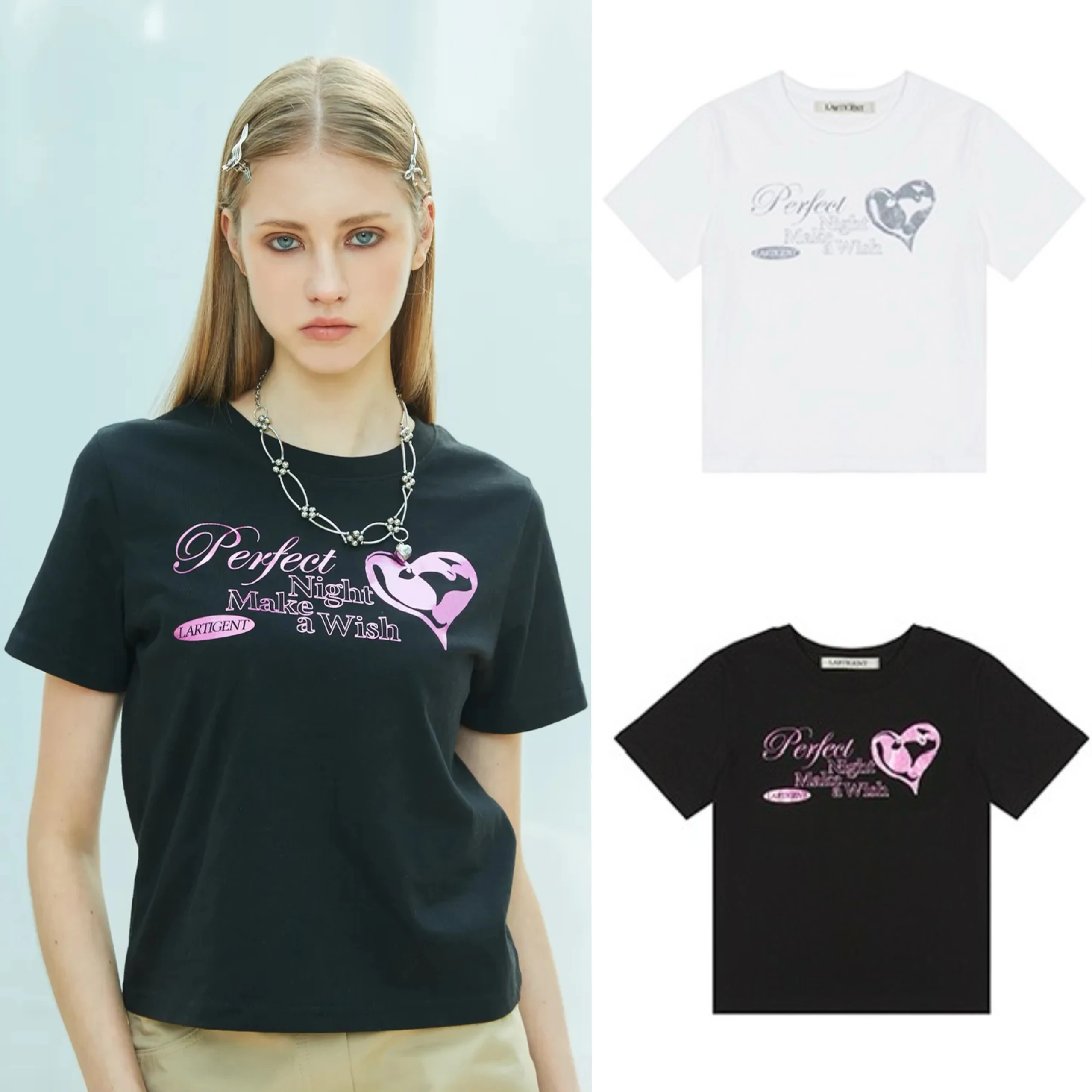 

Lartige* New Heart Letter Print Casual ort Sve T-irt round Ne oulder Width Regular Cotton Moisture ng Summer Top