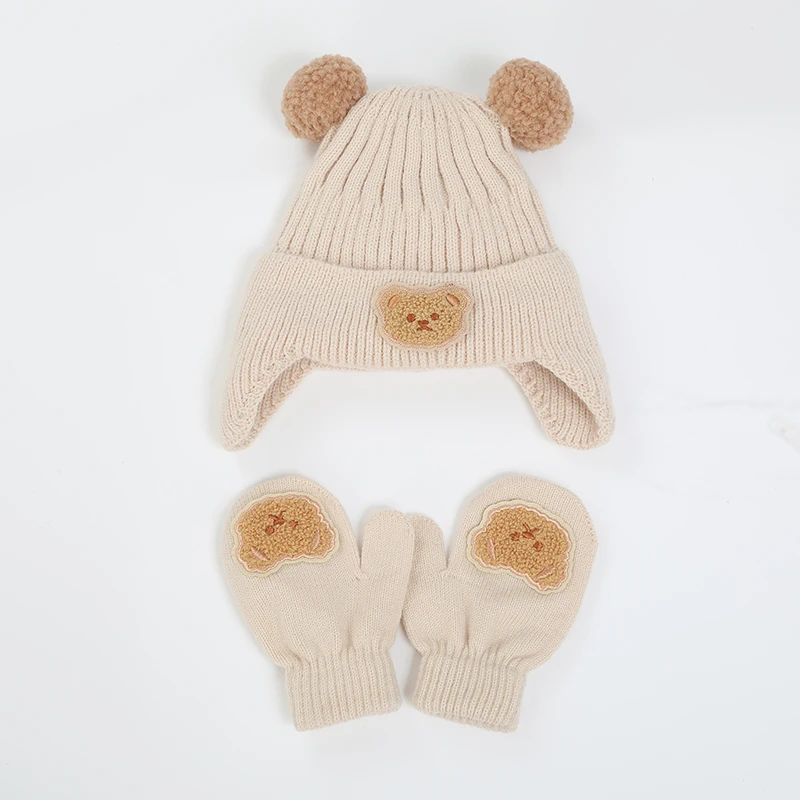 Bear Baby Winter Hat Gloves Set Pompom Infant Bonnet Knitted Kids Beanie with Earflaps Toddler Cap Baby Accessories 1-3Y