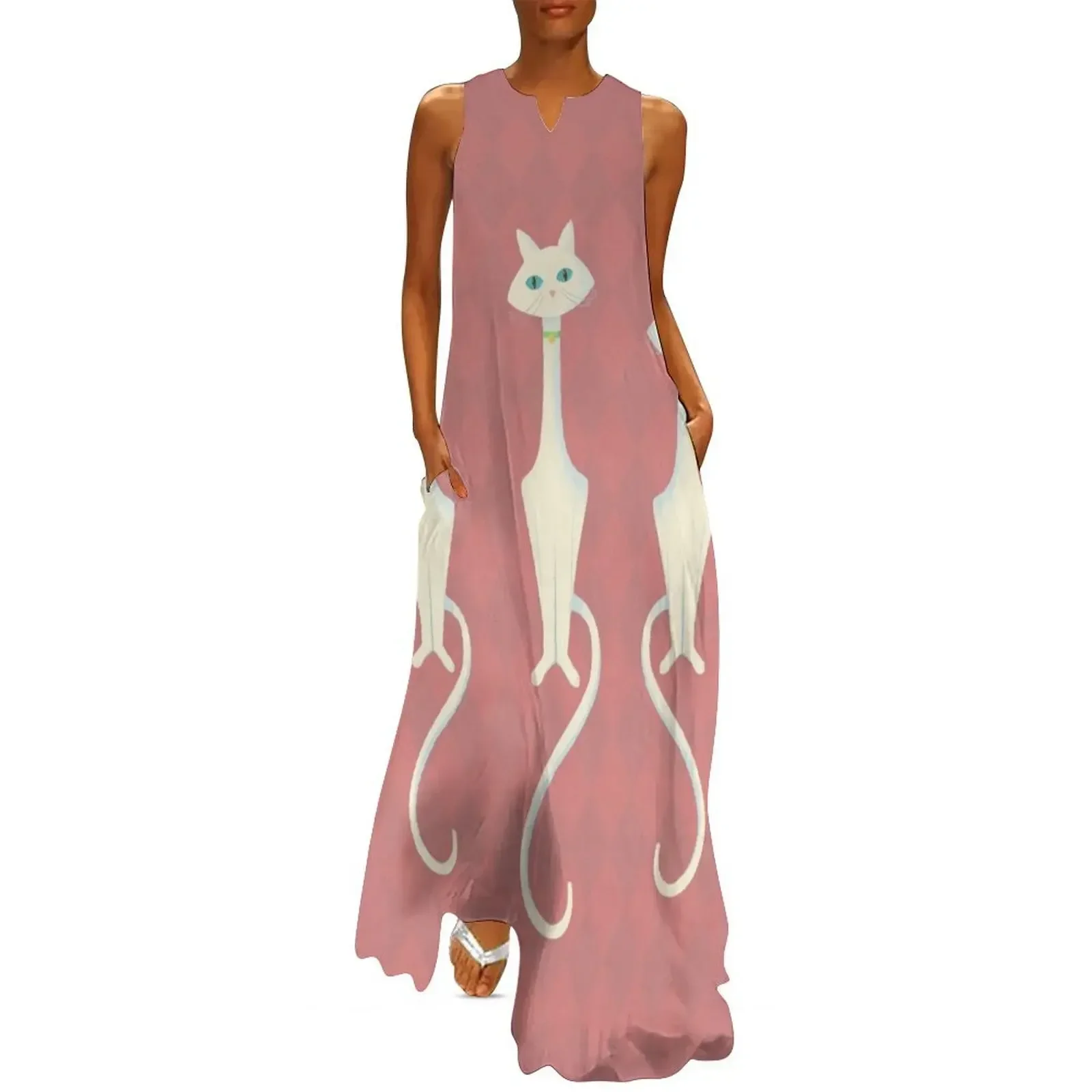 

Midcentury Modern White Kitty Cat With Blue Eyes Long Dress dresses for woman Bride dresses Female clothing Dress