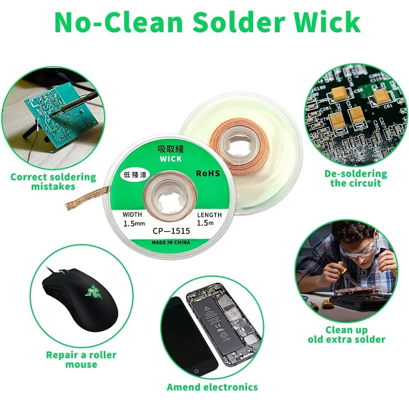 Solder Wick Braid With Flux No-Clean Electronic, Desoldering Wick Braid Remover.Desolder Soldering Removal Tool W0.8-4.0mm, L5Ft