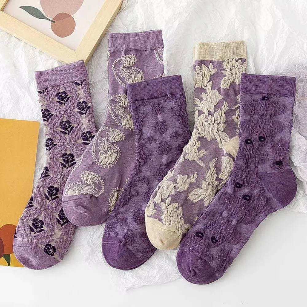 

5 Pairs Soft Women Textured Socks Palace Style Colorful Mid Length Socks Comfortable Three-Dimensional Long Stockings