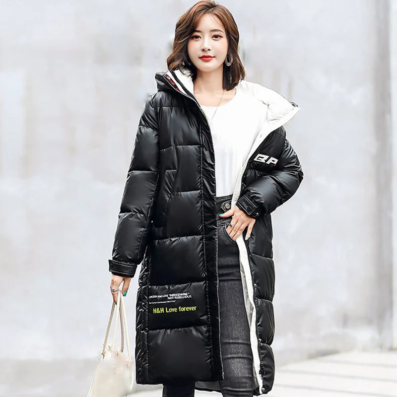 2023 Women Slim Mid-Length Cotton Coat Hooded Print Fashion Elegant Bright Face Warm Jacket Office Lady Winter Thicken Parkas