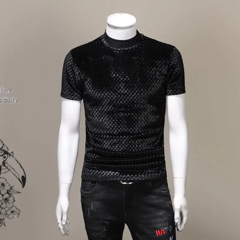 Men Half Turtleneck Bottoming Shirt Solid Color Versatile Short-sleeved Inner T-shirt Velvet Slim Solid Color T-shirt