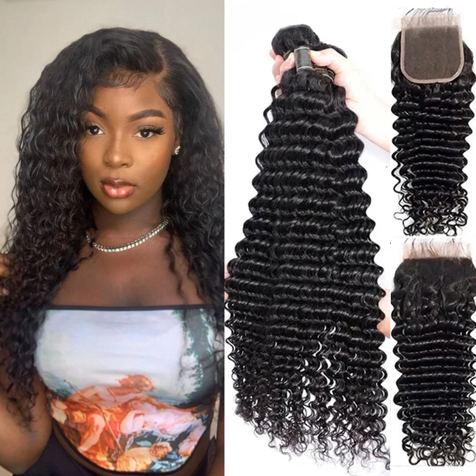 

Deep Wave Bundles with Closure Peruvian Curly Remy Human Hair Bundles with 13x4 Lace Frontals Raw Hair Curly Bundles Natural