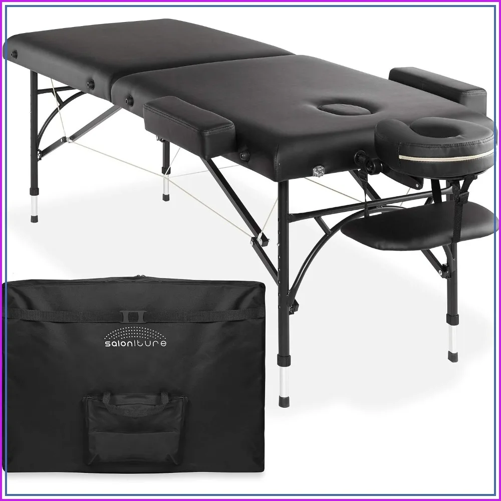 Portable Lightweight Bi-Fold Massage Table with Aluminum Legs, Headrest, Face Cradle, Armrests, Blue
