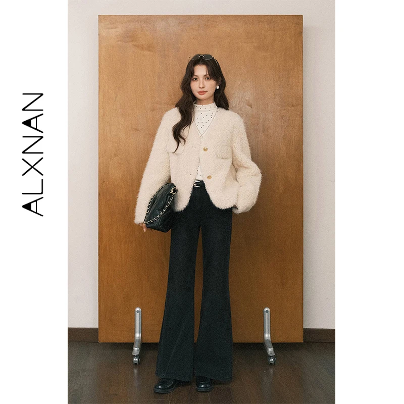 تي شيرت نسائي بأكمام طويلة من ALXNAN تي شيرت أبيض منقط بياقة مدورة بلوفرات أساسية ضيقة للخريف ملابس علوية متعددة الاستخدامات للسيدات L58930