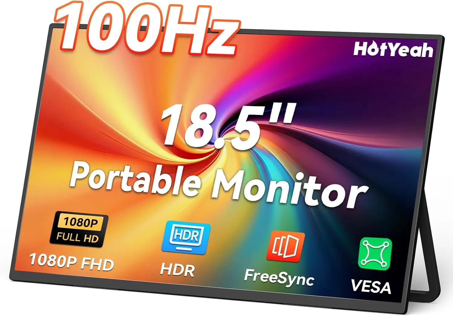 

Портативный монитор 18,5 дюймов, 1080P 100 Гц, внешний дисплей USB-C HDMI с HDR FreeSync, подставкой и динамиками для ноутбуков, ПК и Mac