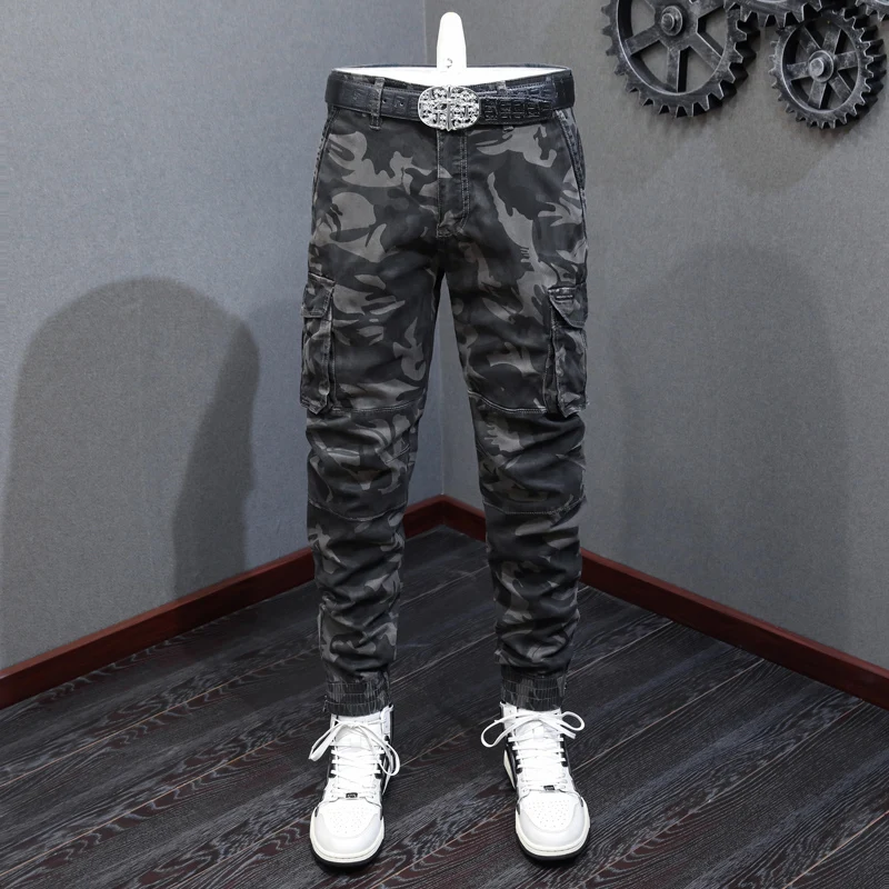 Calça Cargo Camo com Bolso Grande para Homem, Jeans Casual, Bottom Zipper, Designer Hip Hop Joggers, Streetwear Moda