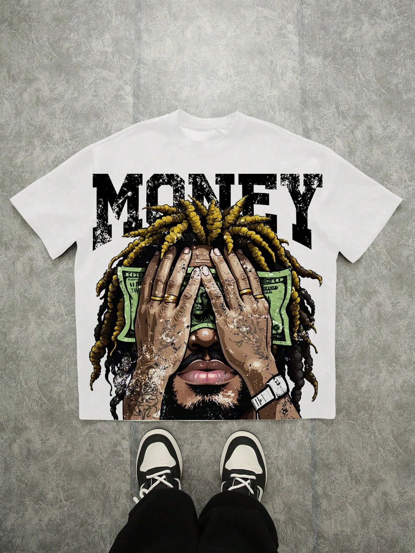 Family Matching T‑Shirt White Money Text Dreadlock Character Cover‑Eyes With Banknote Chest Print Hip‑Hop Streetwear Sleeve Tee