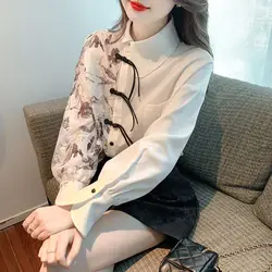 Korean Chic Asymmetrical Spliced Shirt for Female Spring Summer Vintage Elegant Printed Long Sleeve Blouse Women's Clothing