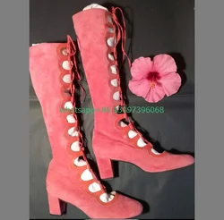 Lady pink suede chunky heel Mary janes boots cut-out design elegant knee boots hollow footwear party pink dress boots size 35-46