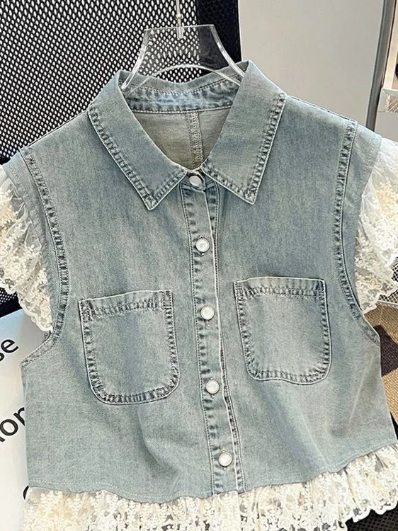 

Стильная женская летняя модная верхняя одежда: жилет-куртка из тонкого денима с кружевной отделкой, коротким рукавом, воротником и пуговицами, из смесового хлопка