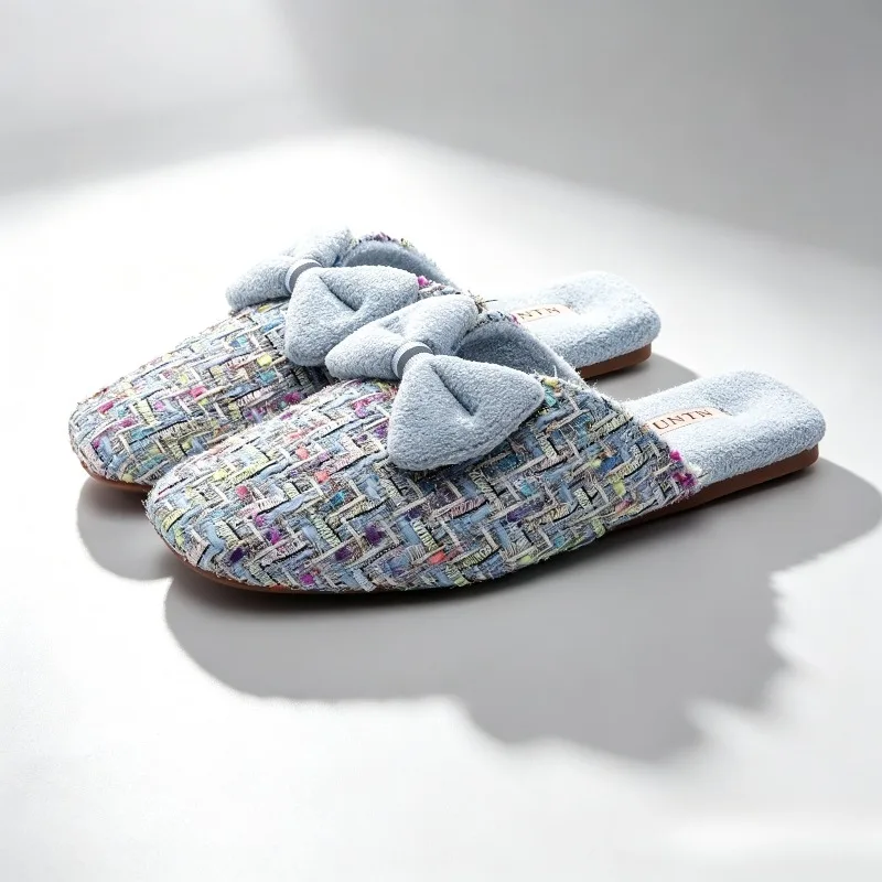 Color Fabric Women Winter Slippers Plush Bow Detail Home Shoe Comfortable Non Slip Living Room Slipper Luxury Couple Indoor Shoe