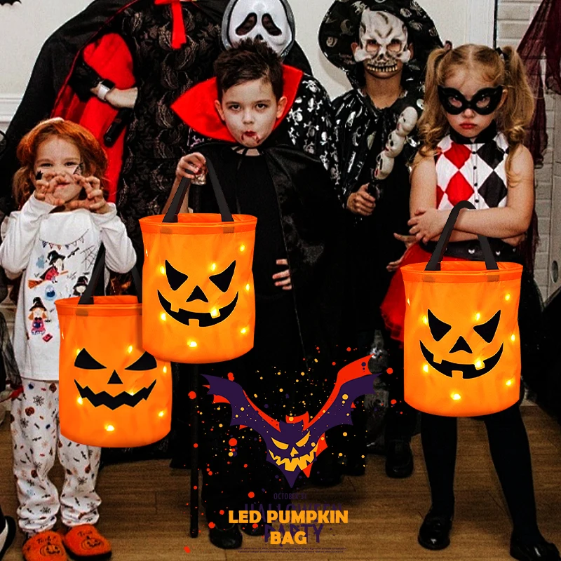 Decorative Halloween Basket Foldable LED Halloween Decorative Basket Light Pumpkin Tote Bag Children's Halloween Gift Candy Bag