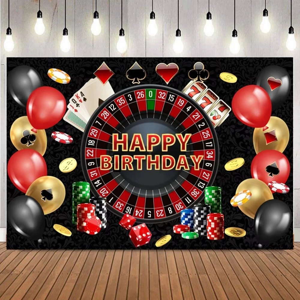 Las Vegas Themed Birthday Photo Backdrop Casino Golden Glitter Poker Chip Dice Photography Background For Portrait Party Decor