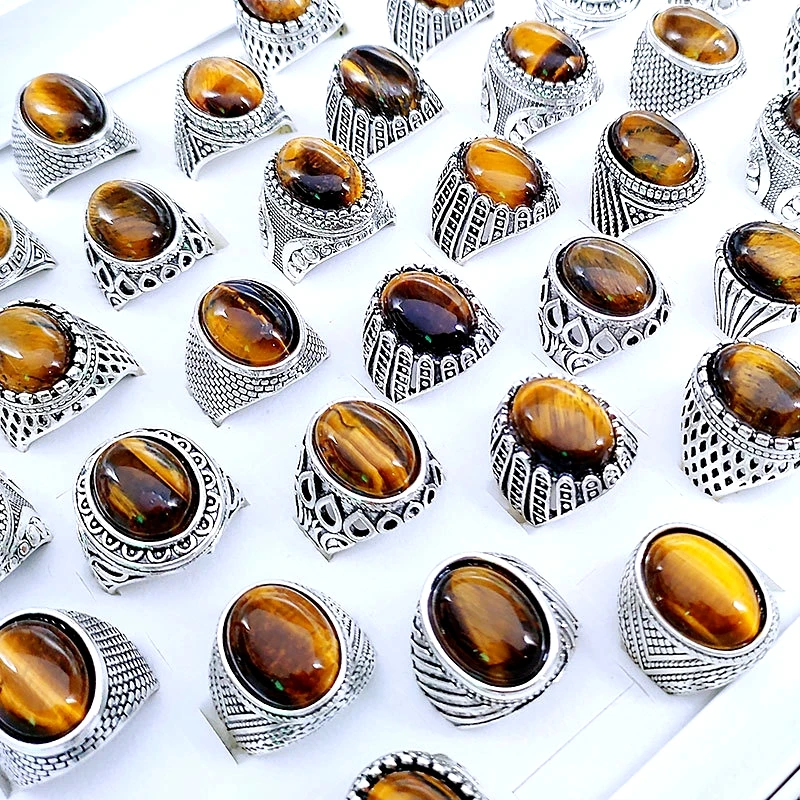 

20pcs Retro Rings For Men and Women Natural Tiger Eye Stone Fashion Jewelry Party Gift Wholesale Lot Silver Plated