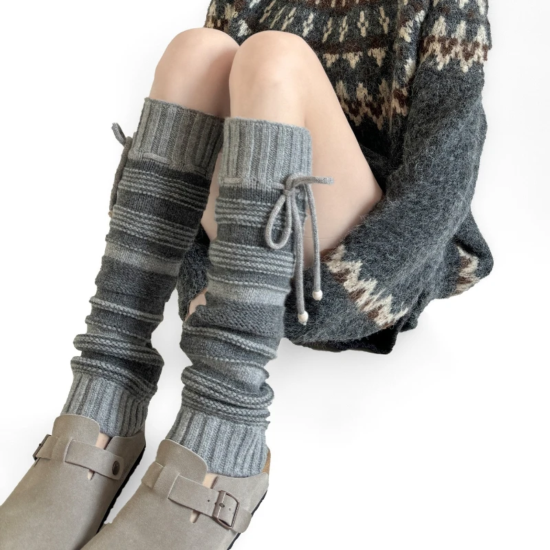 

Гетры с ремешком, женские осенние и зимние теплые вязаные носки, полосатые длинные носки, гетры на шнурке, носки до колена