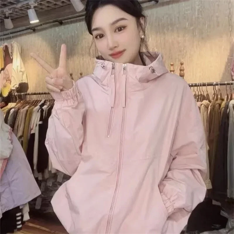 2025 Mujer Color sólido prendas de vestir con capucha primavera otoño mujeres doble cremallera abrigo corto Retro señoras manga larga chaqueta Stormtrooper