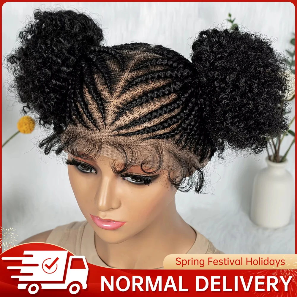 New HD Transparent Full Lace Braided Wigs Cornrow Box Braids Wigs With 2 Buns for Black Women Girls  Synthetic Lace Front Wig