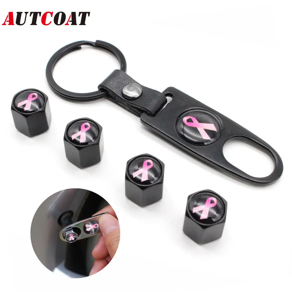 

1Set Anti-theft Car Tire wheel Valve Stems Pink Ribbon Style Air Caps With Leather buckle Wrench Zinc Alloy