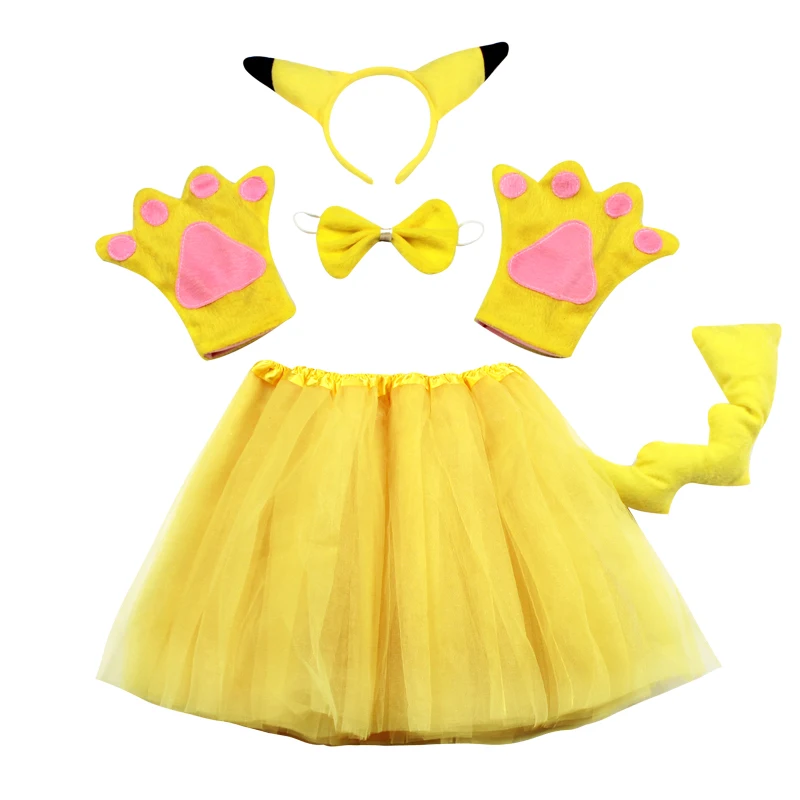 Halloween Party Kids Yellow Pokiimon Pikaqiu Cosplay Costumes with Headwear Gloves Dress Pants Tail Sets Dress Up for Girl Boy