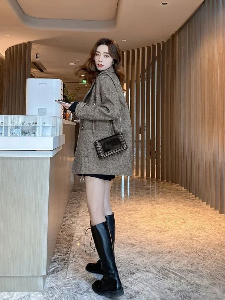 ​2025 Women's Autumn WinterNew Korean Casual Tweed Coat Loose Oversized Vintage Chic Slimming British Inspired Blazer​