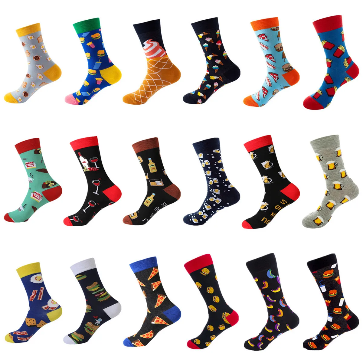 18 Patterns Funny Men Food Beer Hot Dog Hamburger Ice Cream Crew Cotton Male Happy Socks Street Skateboard Boys Harajuku Sox