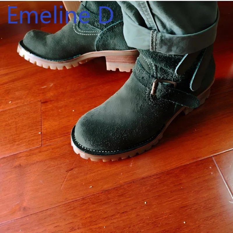 العسكرية الخضراء الجلد المدبوغ فارس الأحذية الرجعية مشبك معدني تصميم دراجة نارية الأحذية للرجال جولة تو منتصف الكعب أحذية قصيرة الساق #6