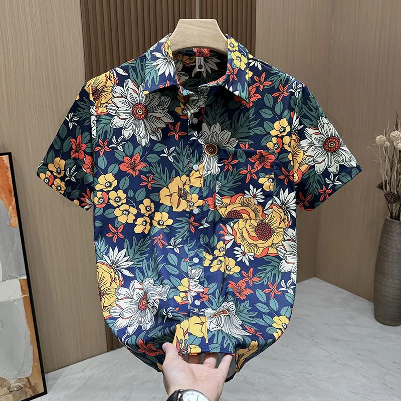 

Hawaiian Floral Short-sleeved Shirt Summer Men's Shirt Hong Kong Style Casual Top Boys Sunny Print Trend