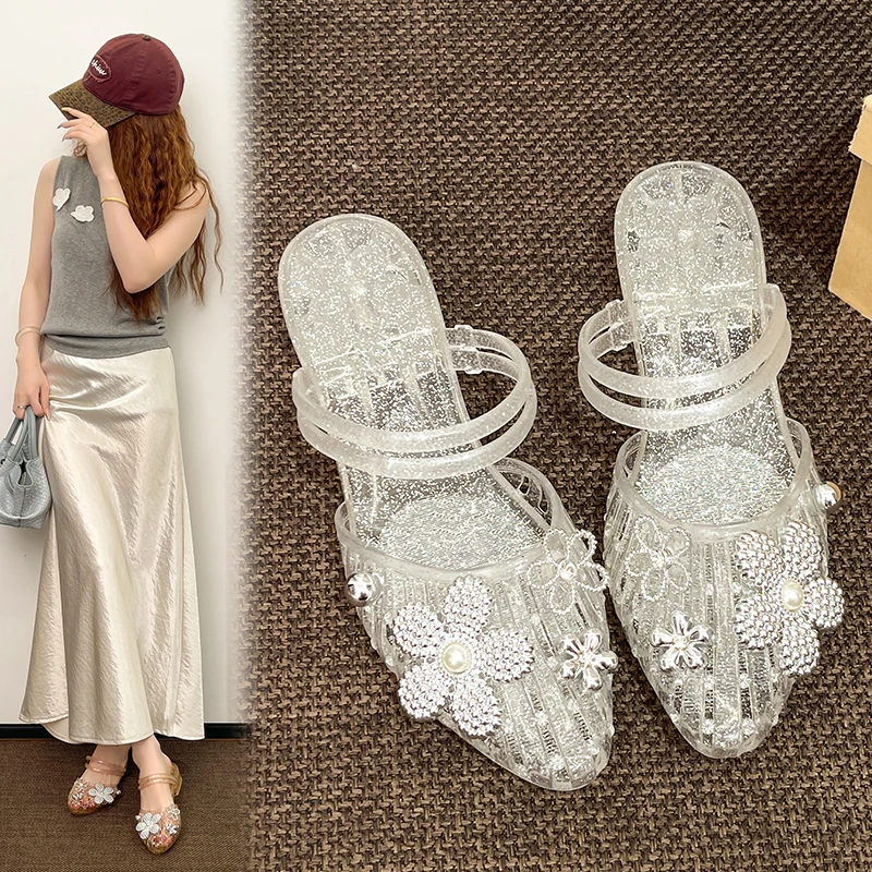 Summer Fashion Crystal Transparent Sequin Two-Way Slip-On Ladies Anti-Slip Headed Half-Slipper Flower Lazy Shoe Sandals