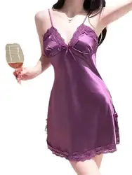 Sexy For Women V-Neck Ice Silk Lace Patchwork Suspender Chest Cushion Purple Dress Korean Style Soft Girl Dresses Trendy DK92
