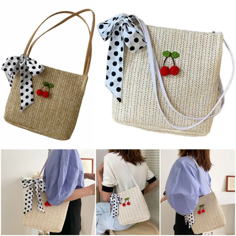 

Fashion Cherry Shoulder Bag Weaving Pattern Leather Handle Straw Bag Beige Khaki Handbag Spring Summer