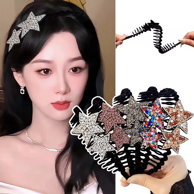 Fashion Rhinestone Flocking Star Hair Hoops for Women Ladies Solid Color Toothed Non-Slip Headband Hair Band Hair Accessories