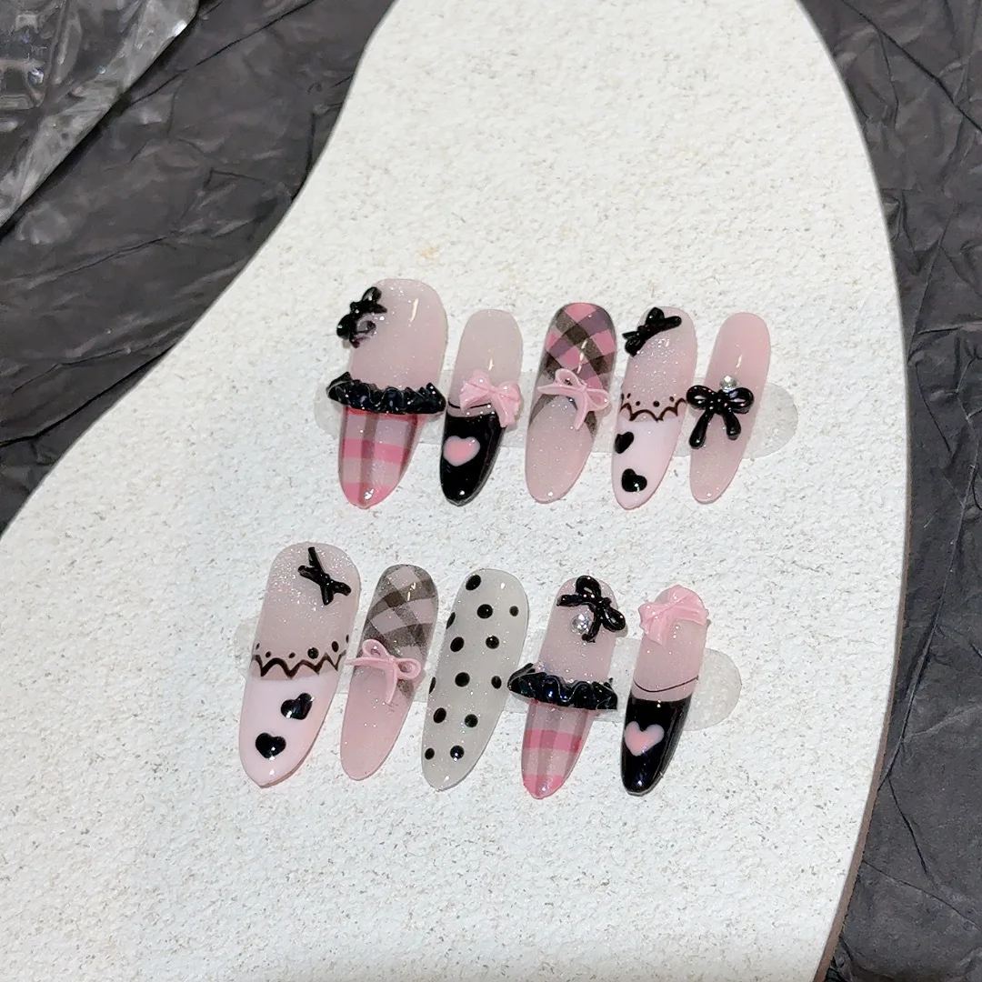 

10pcs Heart Polka Dot Bow Handmade Press on Nails French Plaid Fake Nail Full Coverage Nail Tips Long ladder Wearable Nail Art