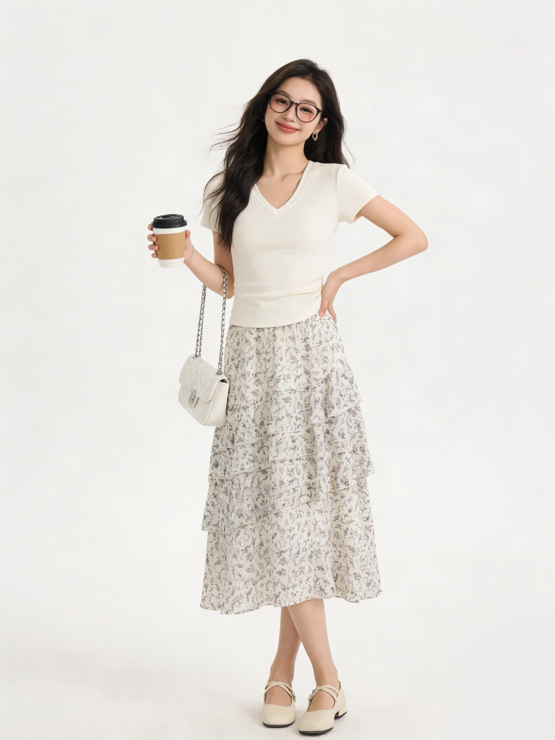 

Korean Style Floral Print Skirt Asymmetrical Sweet Forest System Summer Mid-Length A-Line Cake Skirt Women's Commute