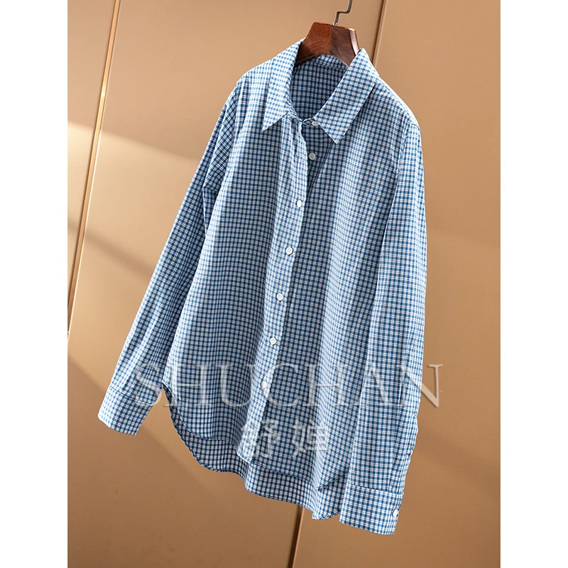 Intellectually fashionable early autumn commuting 100 cotton yarn-dyed plaid long-sleeved shirt  women 3Y19