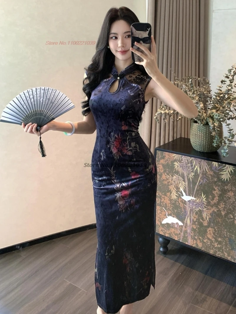 

Китайское платье для ночного клуба 2025, улучшенное платье Cheongsam без рукавов с цветочным принтом, кружевное бархатное лоскутное платье Ципао, облегающее банкетное платье