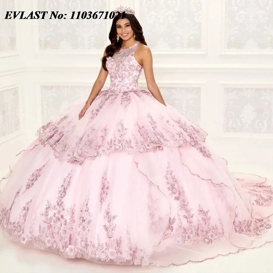 EVLAST Customized Pink Quinceanera Dress Ball Gown Sequin Lace Applique Beading Tiered Corset Sweet 16 Vestidos De 15 Anos SQ242