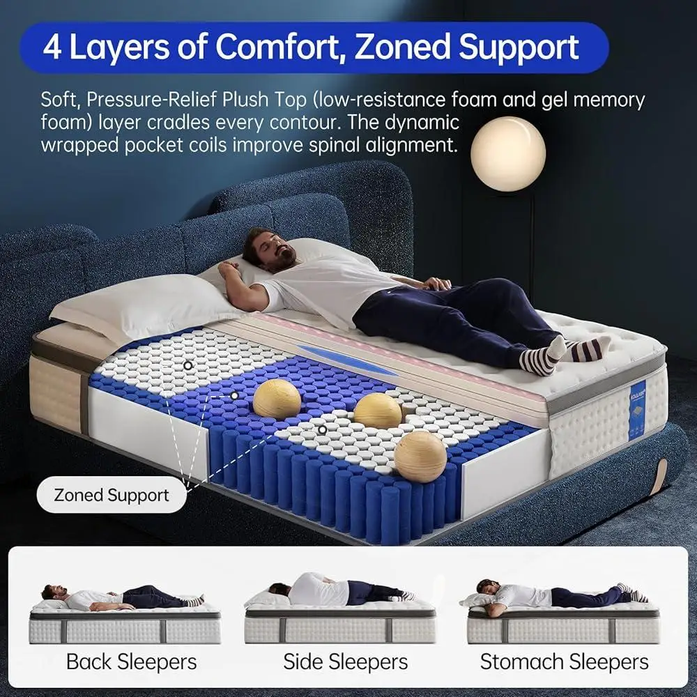 12 Inch Queen Hybrid Mattress Gel Memory Foam Pocket Coils Pressure Relief Spinal Alignment Back Pain Relief Motion Isolation