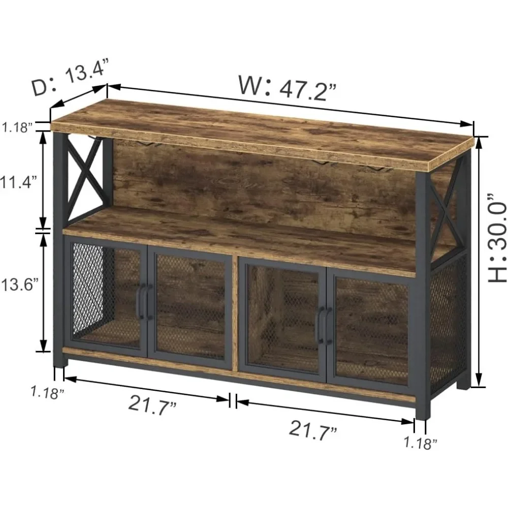 Industrial Coffee Bar Cabinet, Farmhouse Wine Bar Cabinet for Liquor and Glasses, Metal Wood Sideboard Buffet Liquor Cabinet