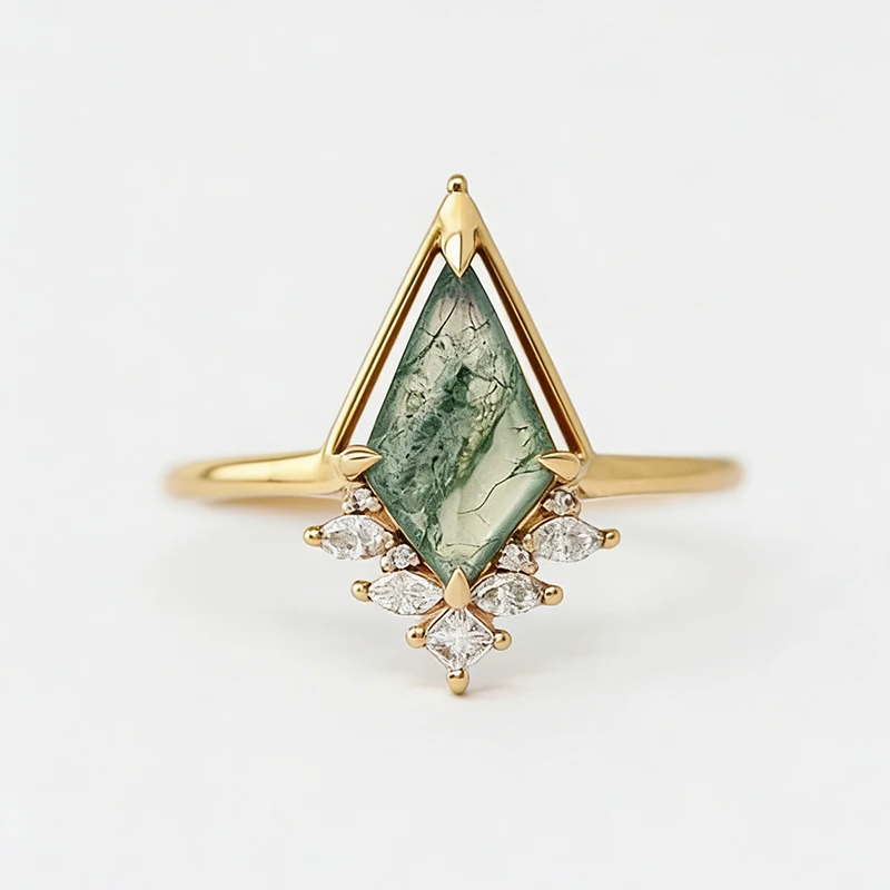 

925 Sterling Silver Unique Kite Shaped Moss Agate Ring for Woman Adjustable Moonstone Rings Handmade Jewelry Birthstone Gifts